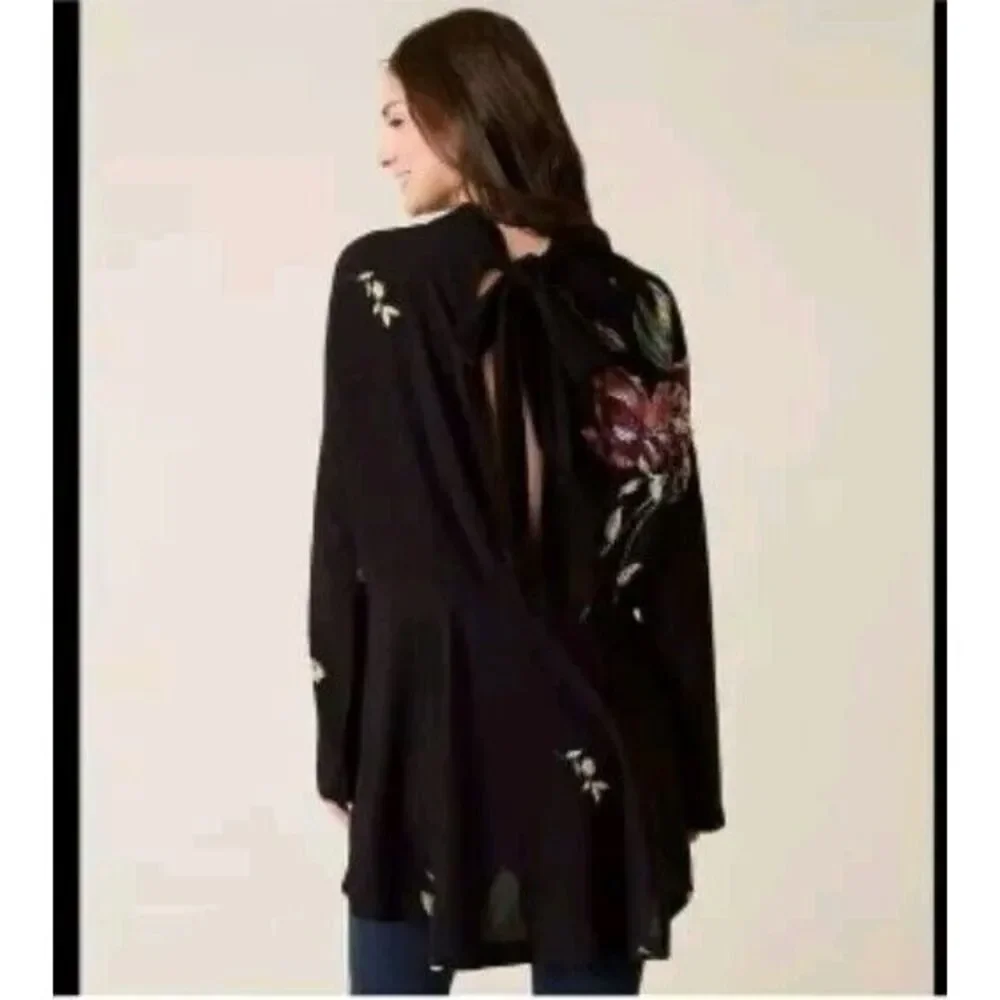 Free People Gemma Black Embroidered Floral Tie Open Back Tunic/Mini Dress Sz S‎